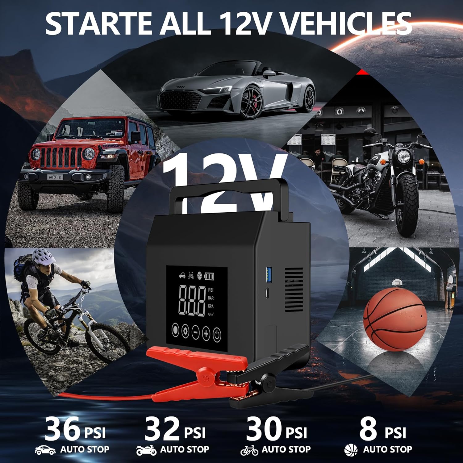 12V vehicle starter with various applications and features displayed on a dark background.
