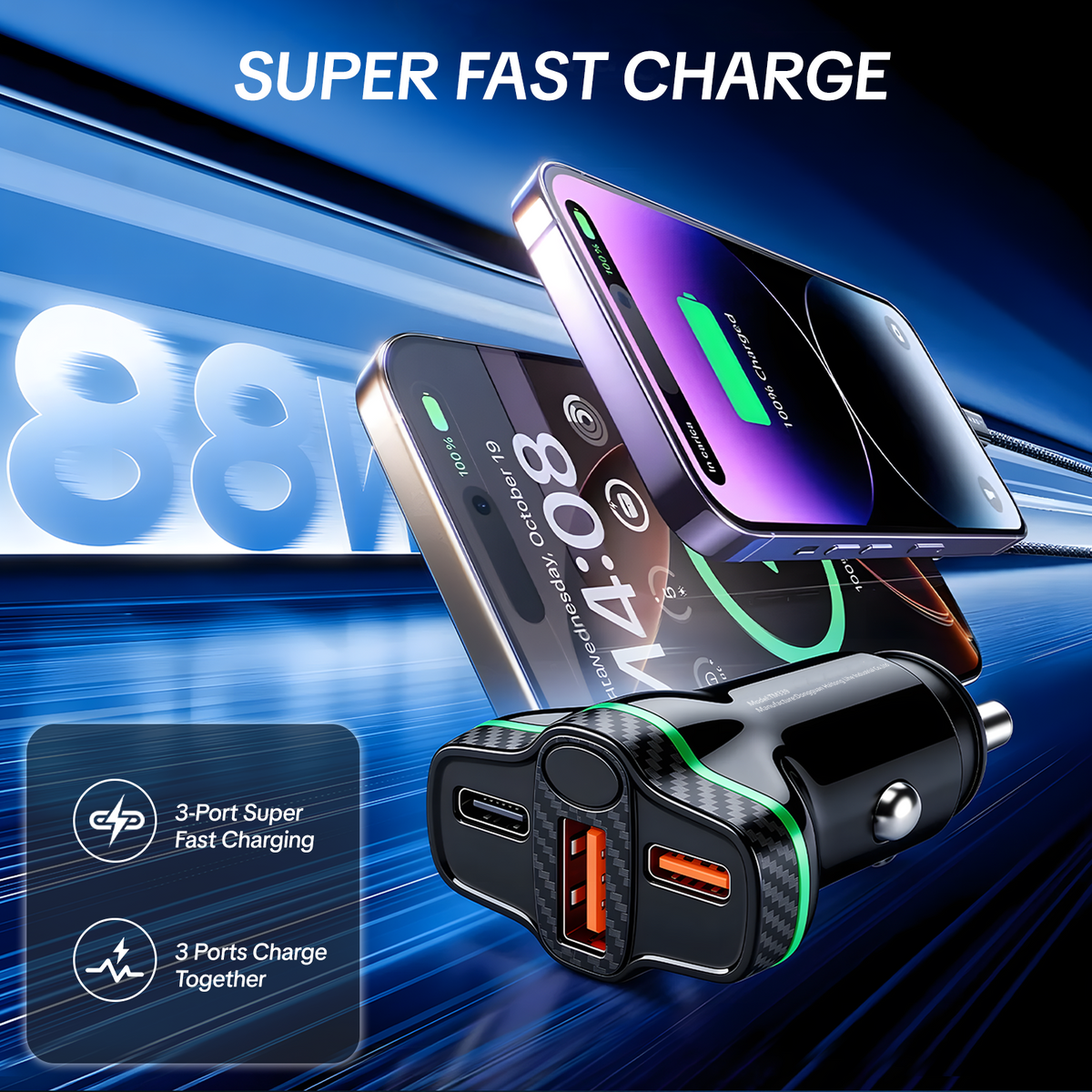 HIEHA® 88W Fast Car Charger | Dual PD 30W & QC 3.0