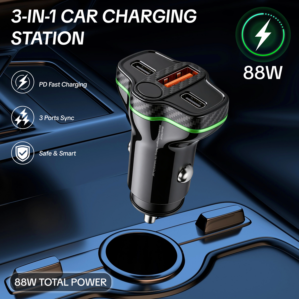 HIEHA® 88W Fast Car Charger | Dual PD 30W & QC 3.0