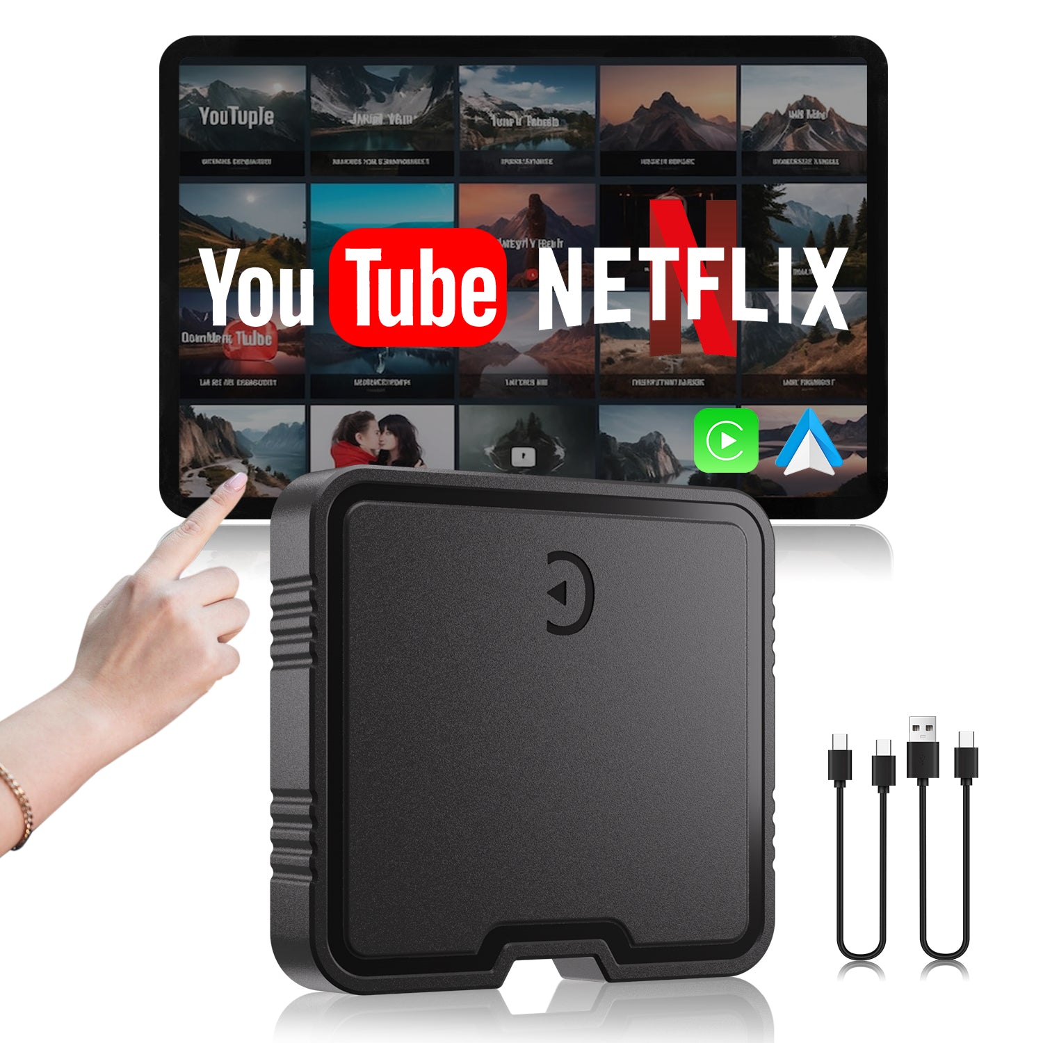 Black device with screen displaying YouTube and Netflix logos, accompanied by cables on a white background.