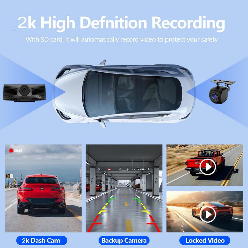 Car camera system with 2k high definition recording features on a blue background.