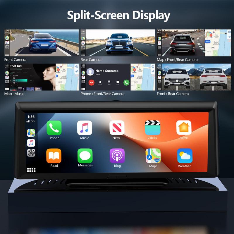 Car dashboard display with split-screen functionality showing front and rear cameras, phone calls, and navigation.