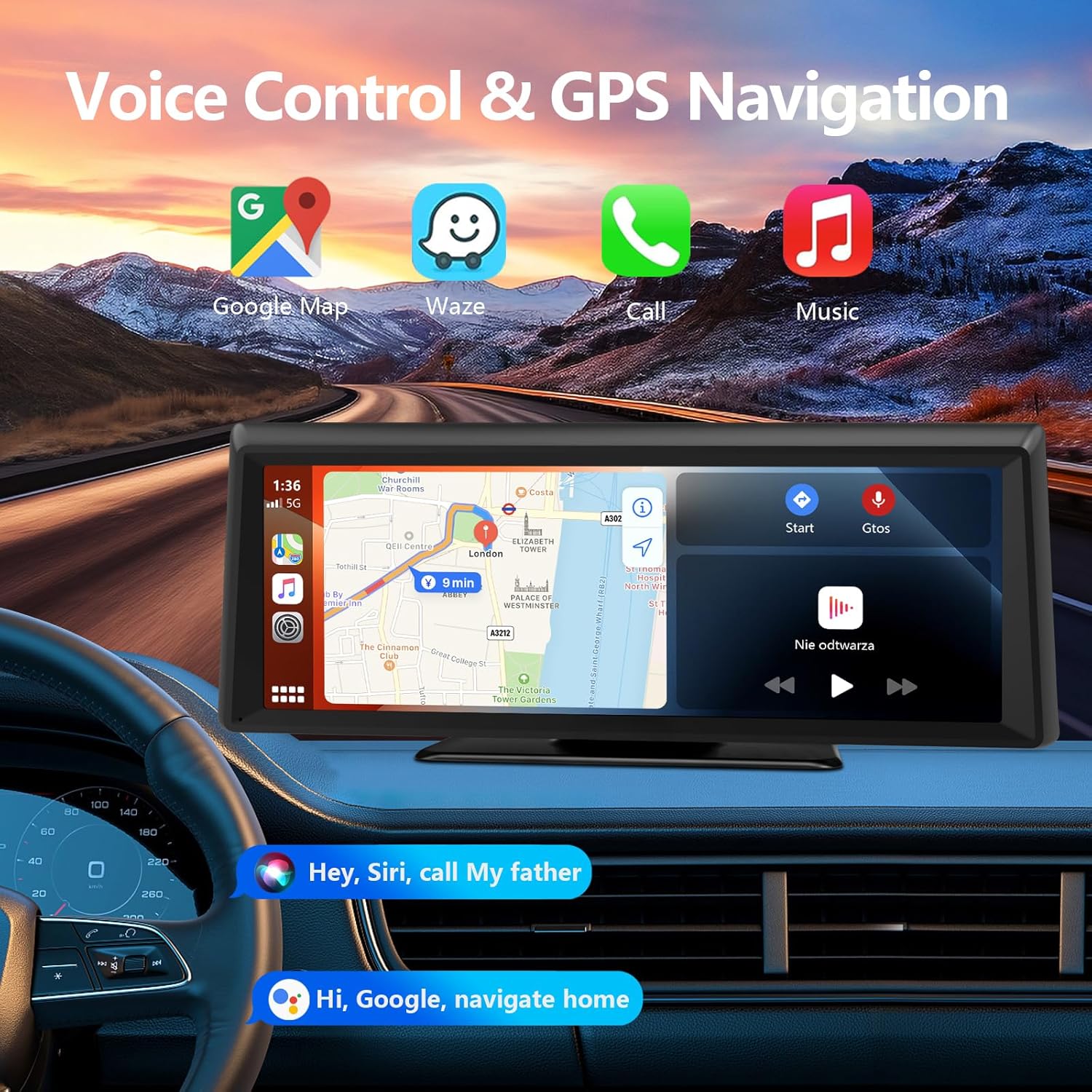 Car dashboard with GPS navigation system displaying voice control options against a mountainous landscape.
