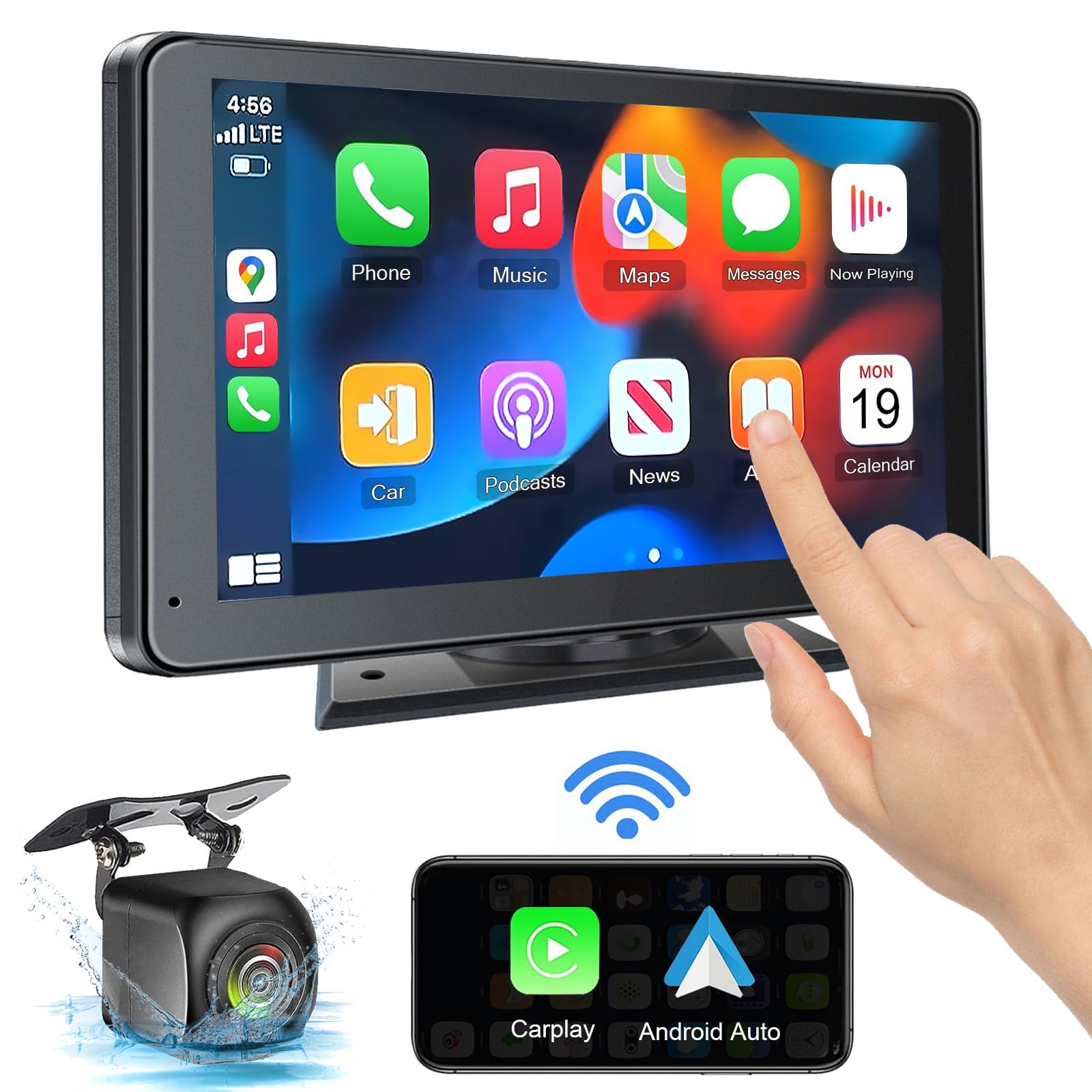 Car infotainment system with touchscreen display, rear camera, and wireless connectivity icons.