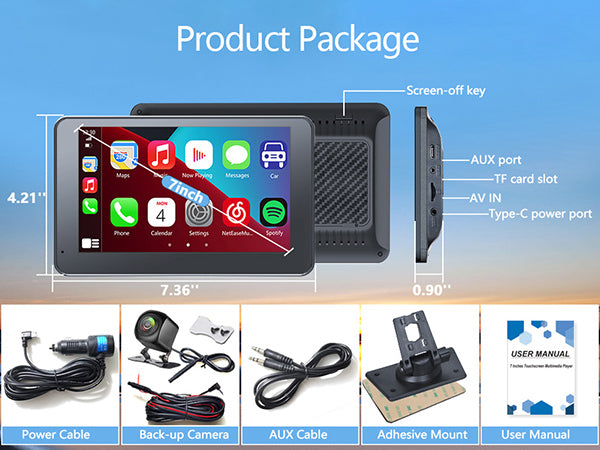 Car multimedia system product package with features and accessories on a blue background