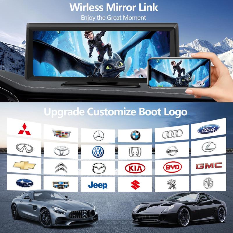 Car multimedia system with wireless mirror link feature, mountain background, and car brand logos.