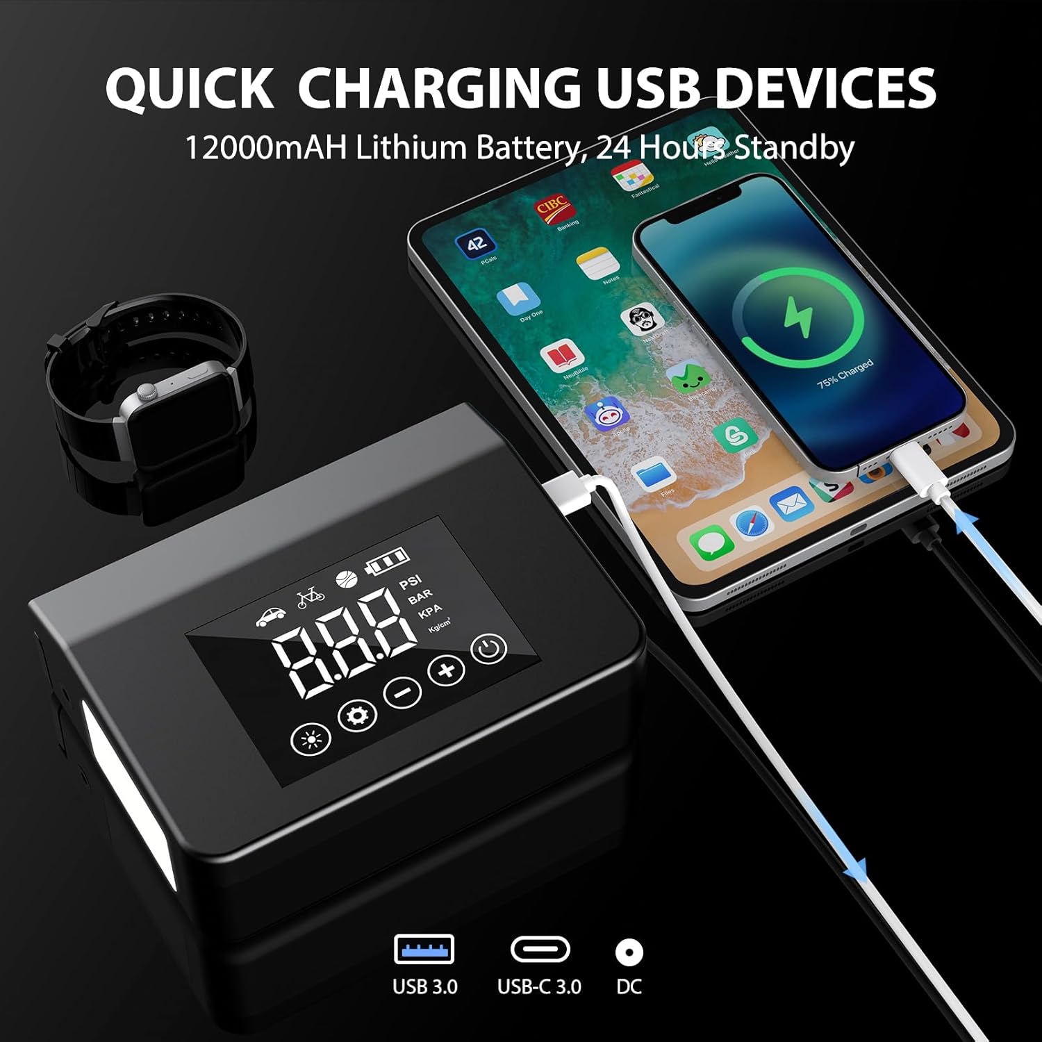 Charging device with smartphone and smartwatch, highlighting quick charging capabilities.