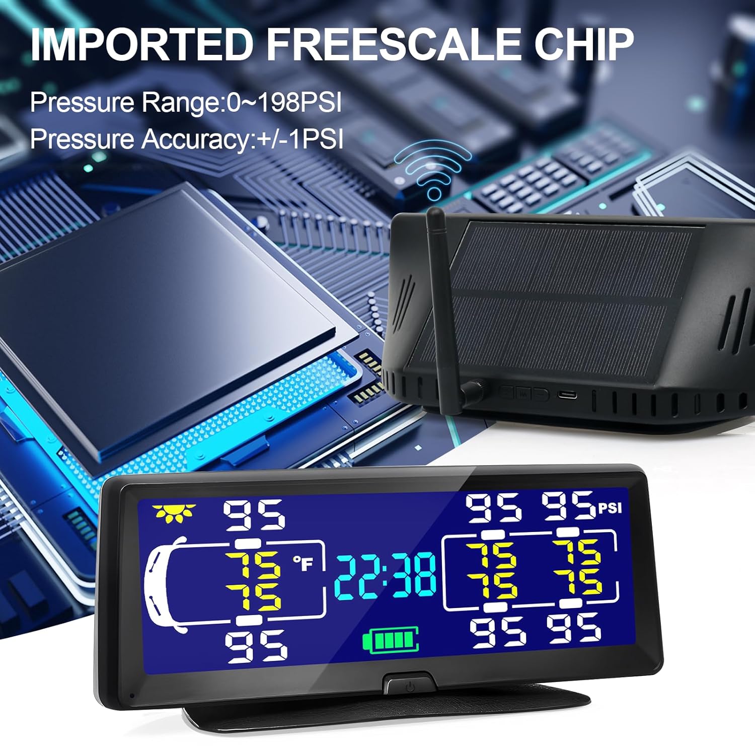 Digital tire pressure monitor with imported Freescale chip on a technical background