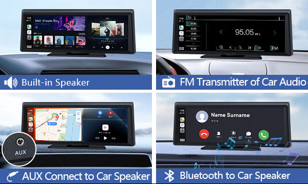 Four audio output modes of a car multimedia system with built-in speaker, FM transmitter, AUX connection, and Bluetooth connectivity.