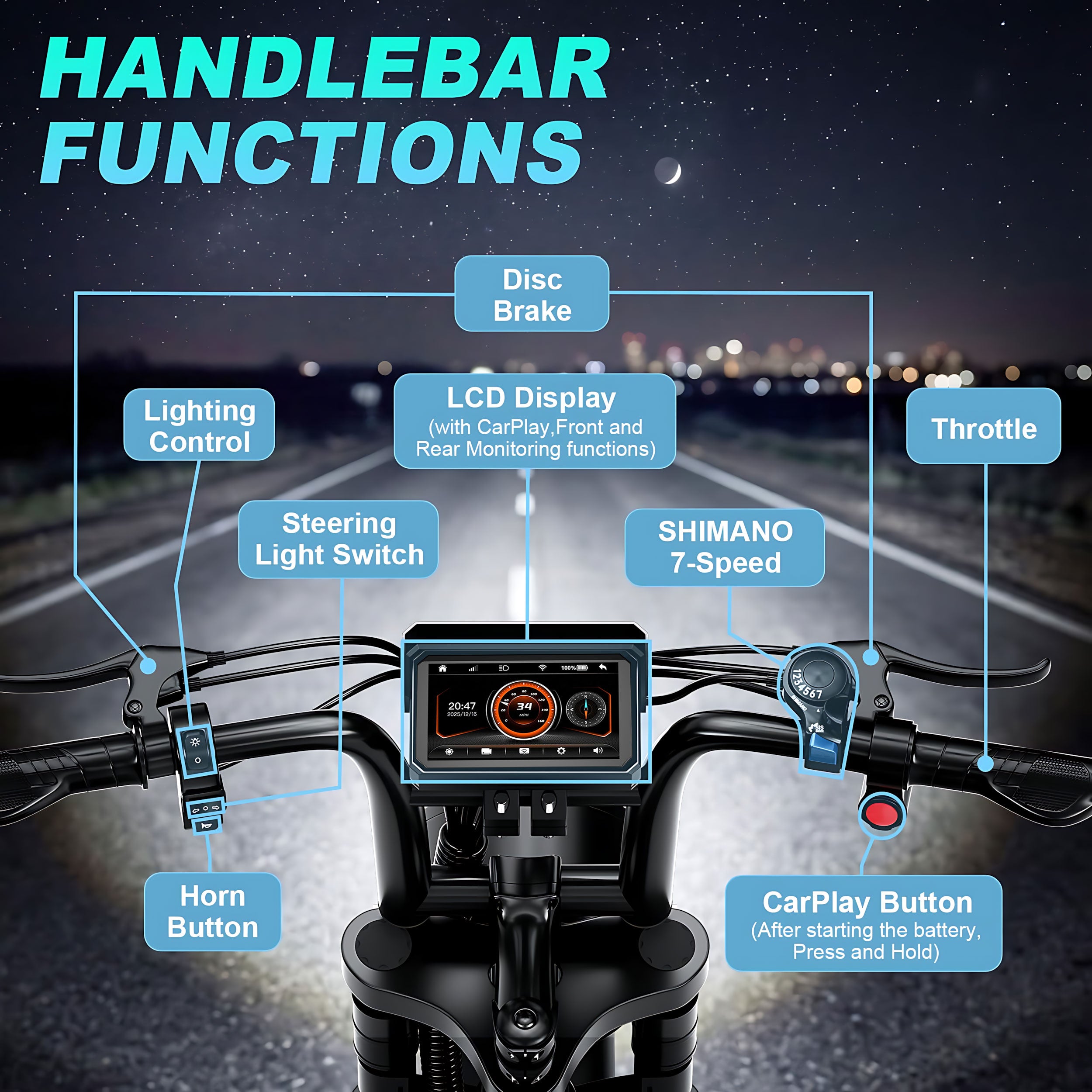 Electric Bike for Adults, 750W/1500W Peak Fat Tire E-Mountain Bicycle, Wireless CarPlay & Android Auto, UL2849