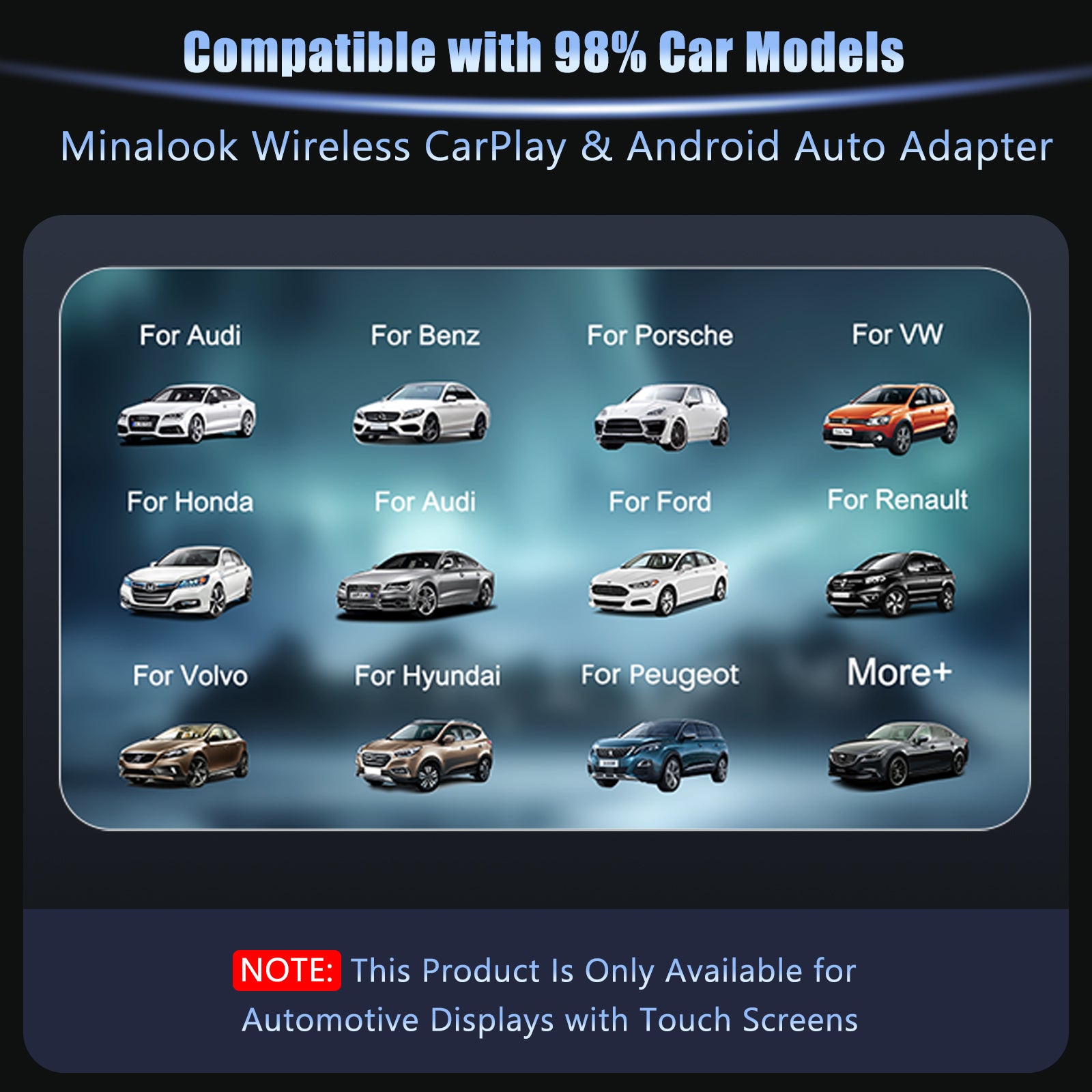 Minalook Wireless CarPlay & Android Auto Adapter compatibility chart with car logos.
