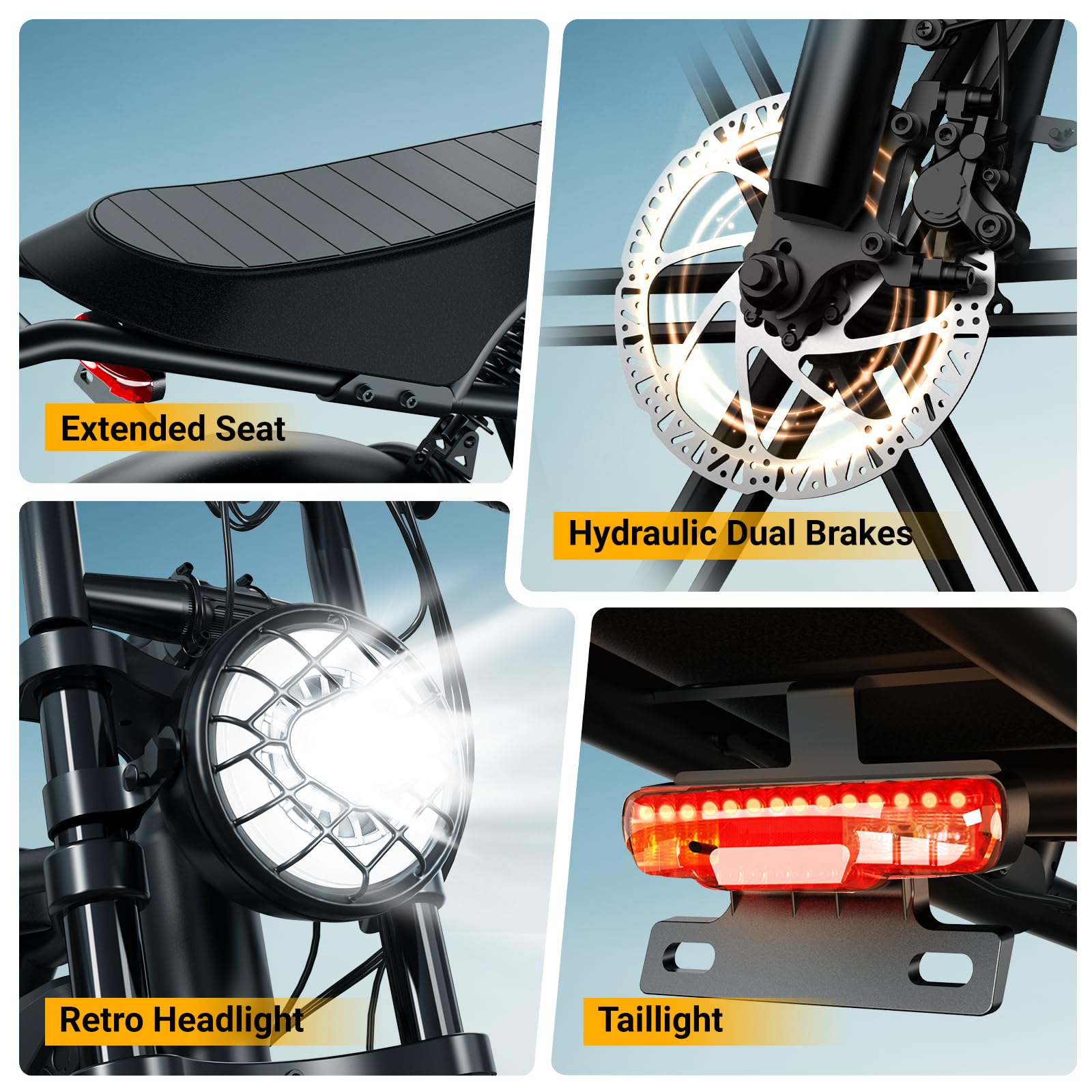 Motorcycle features including extended seat, hydraulic dual brakes, retro headlight, and taillight on a blue background.