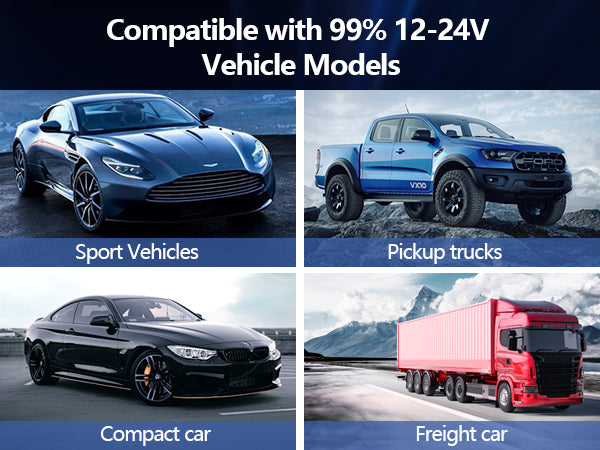 Promotional graphic showing compatibility with various vehicle types including sport vehicles, pickup trucks, compact cars, and freight cars.