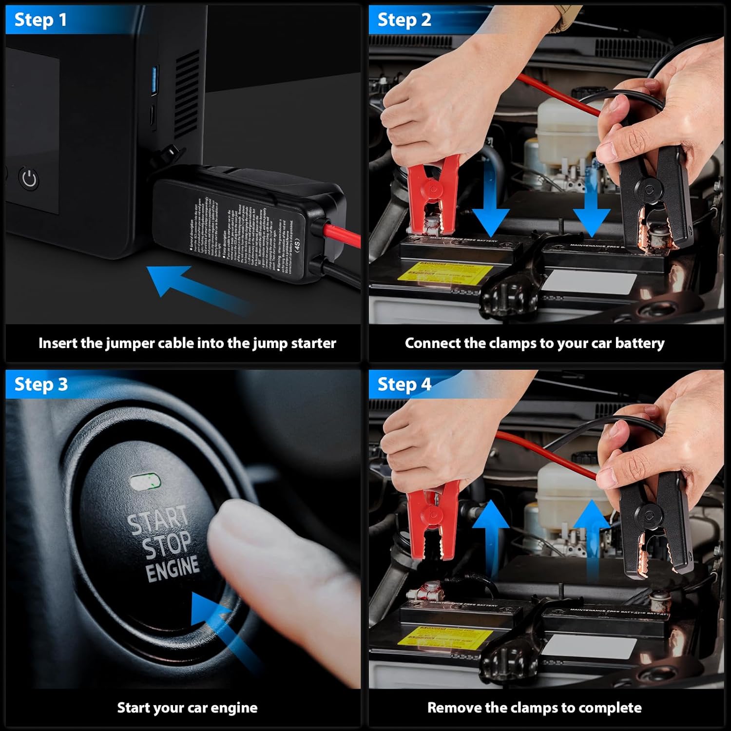 Step-by-step guide on how to use a jump starter for a car battery.
