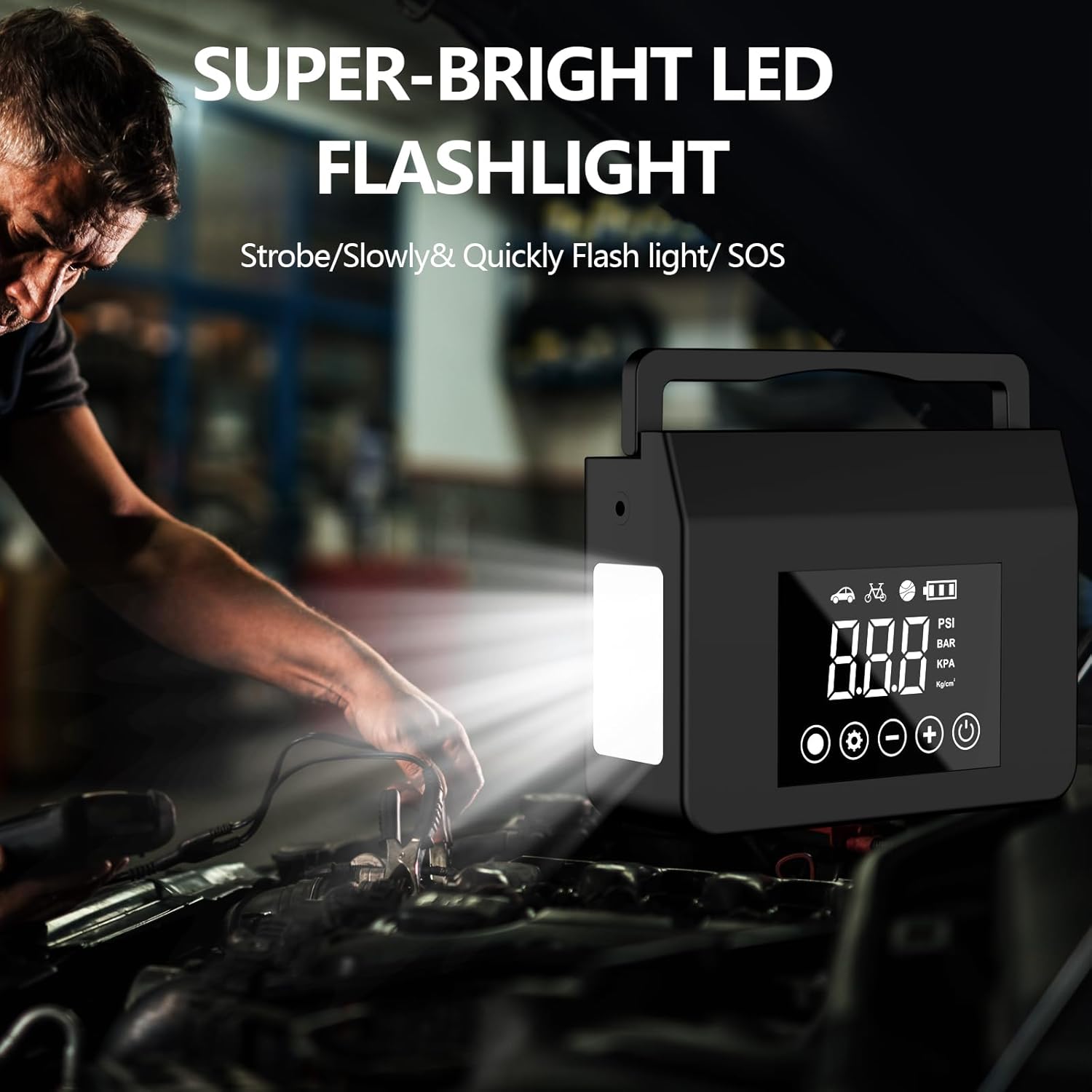 Super-bright LED flashlight being used to illuminate a car engine with text indicating its features.