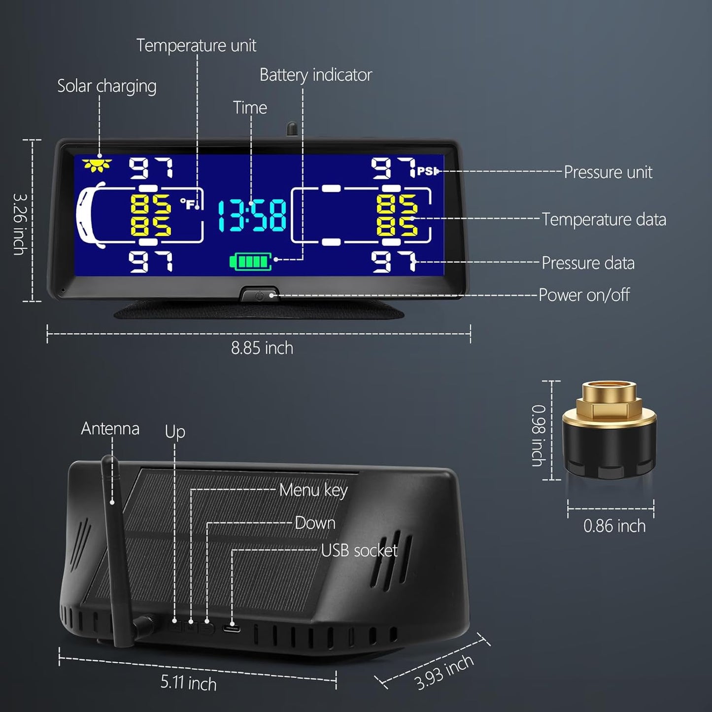 7.84” Wireless Solar Tire Pressure Monitoring System