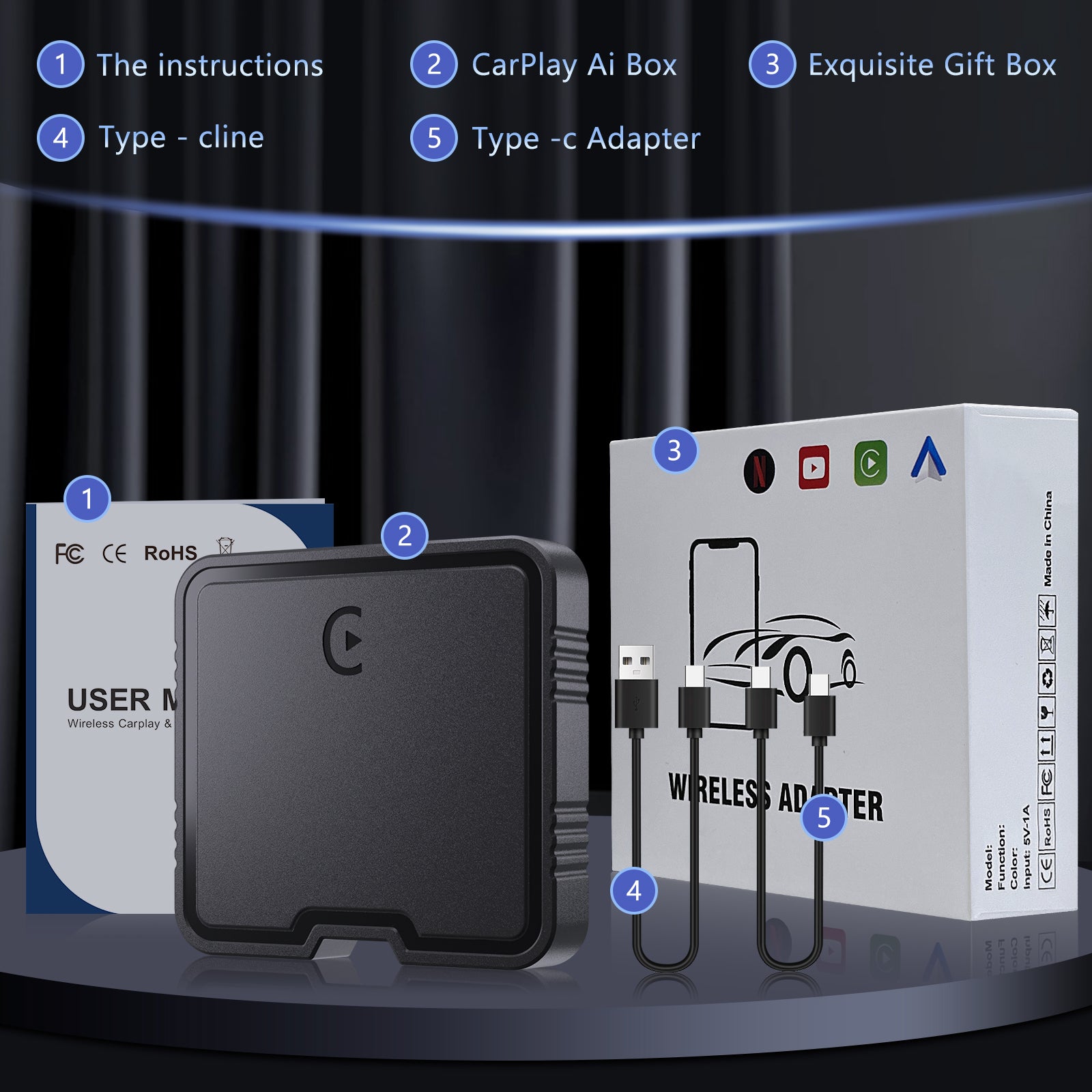 Wireless adapter with packaging and components on a dark background