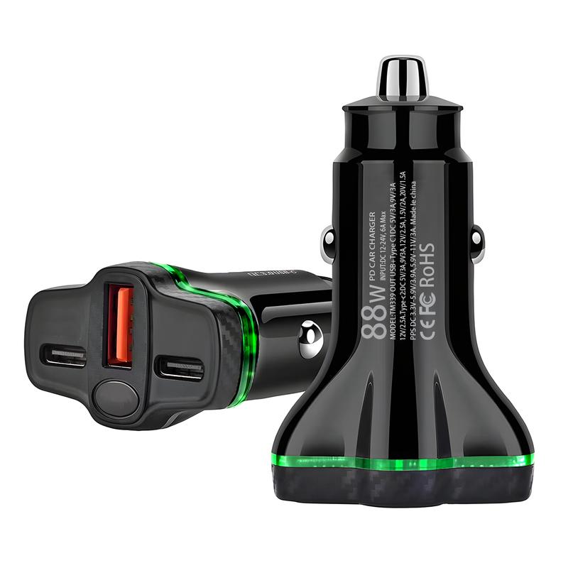 Black car charger with dual ports on a white background