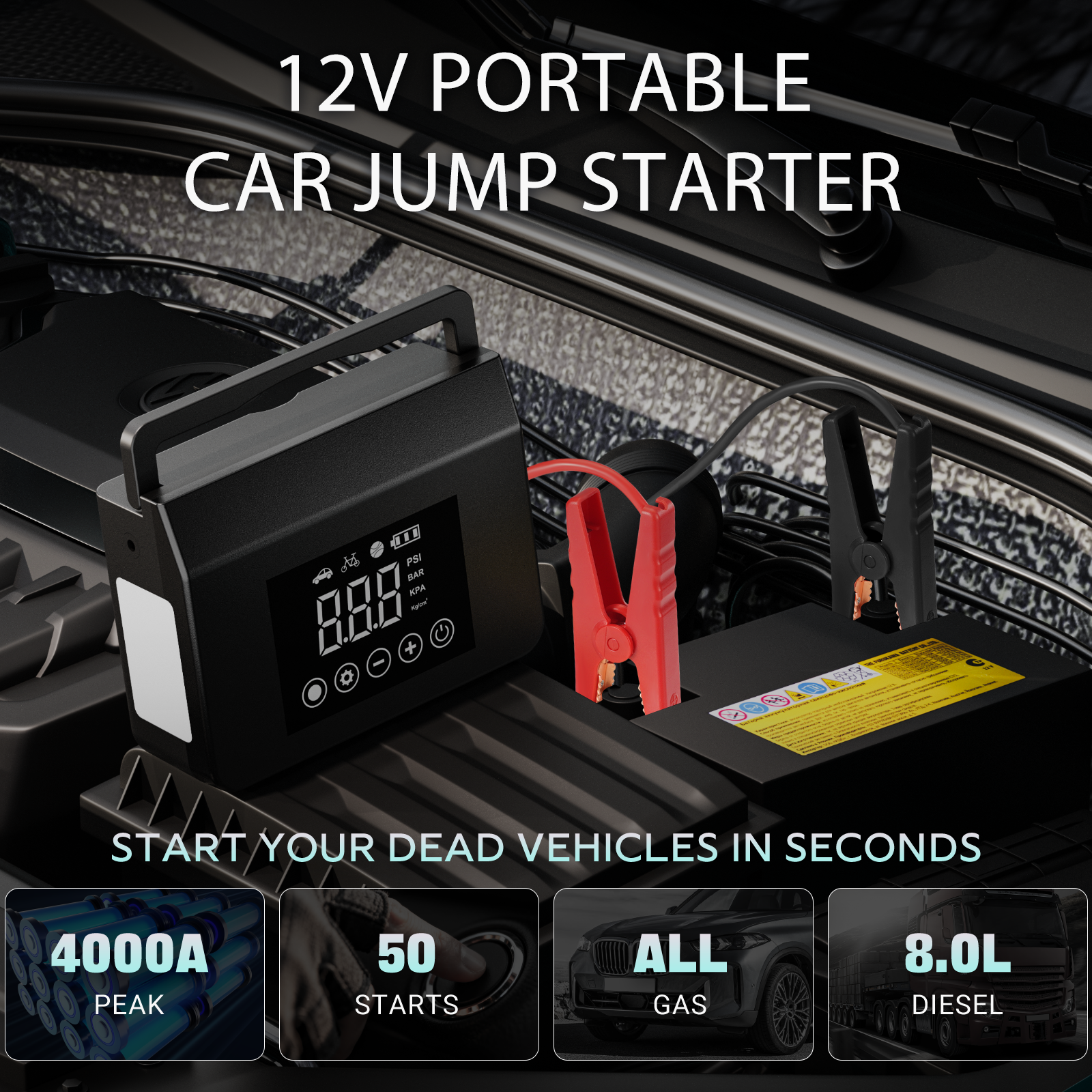 HIEHA 12V Portable Car Jump Starter 4000A Peak for Dead Battery Emergency Start