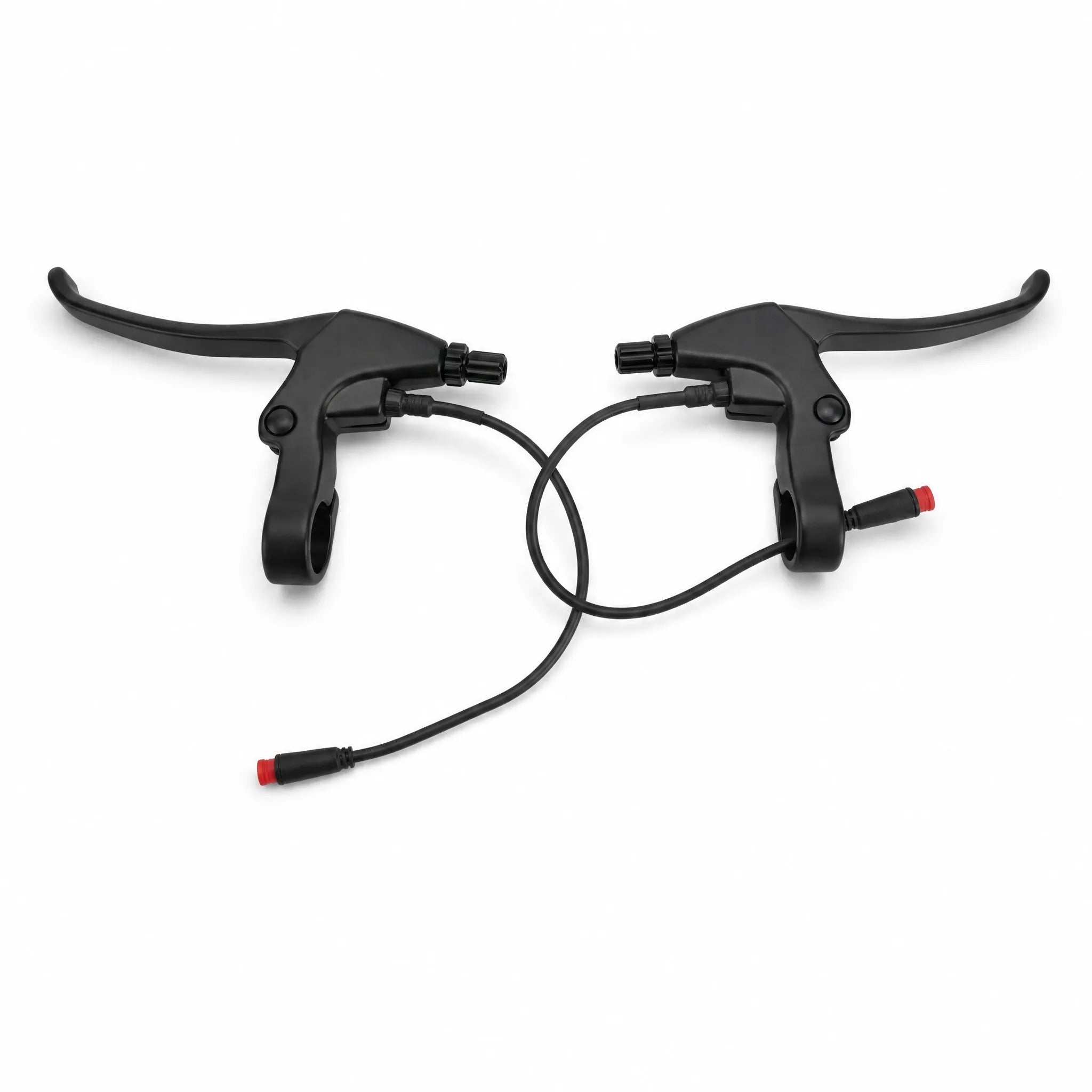 Pair of black bicycle brake levers with cables on a white background