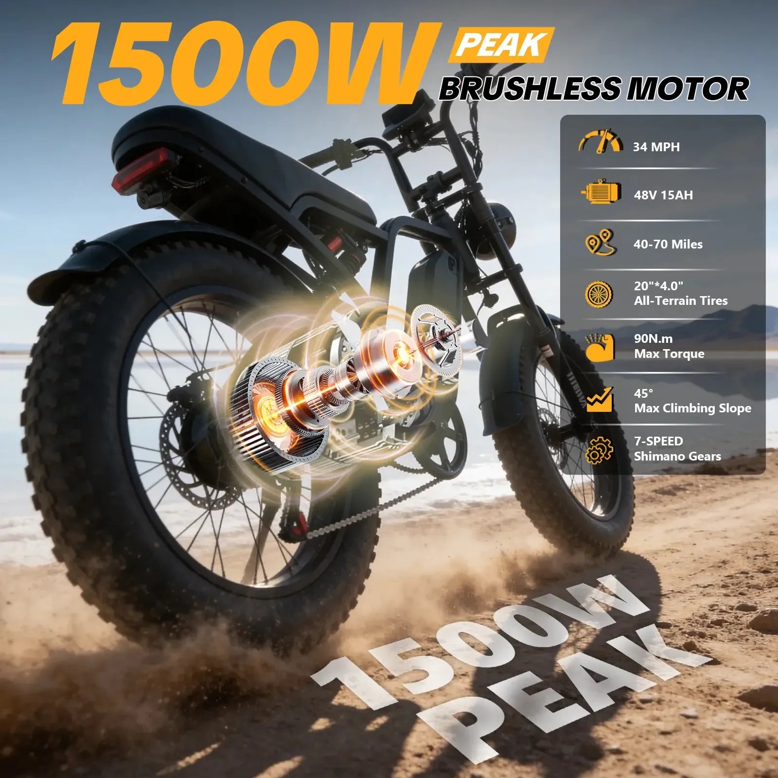 HIEHA SU8 2.0 electric bike with 1500W peak brushless motor and all-terrain fat tires