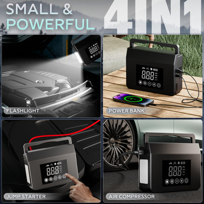 Hieha 4000A Peak 12V Car Battery Jump Starter with 150 PSI Air Compressor and Tire Inflator, 15000mAh Portable Jump Box