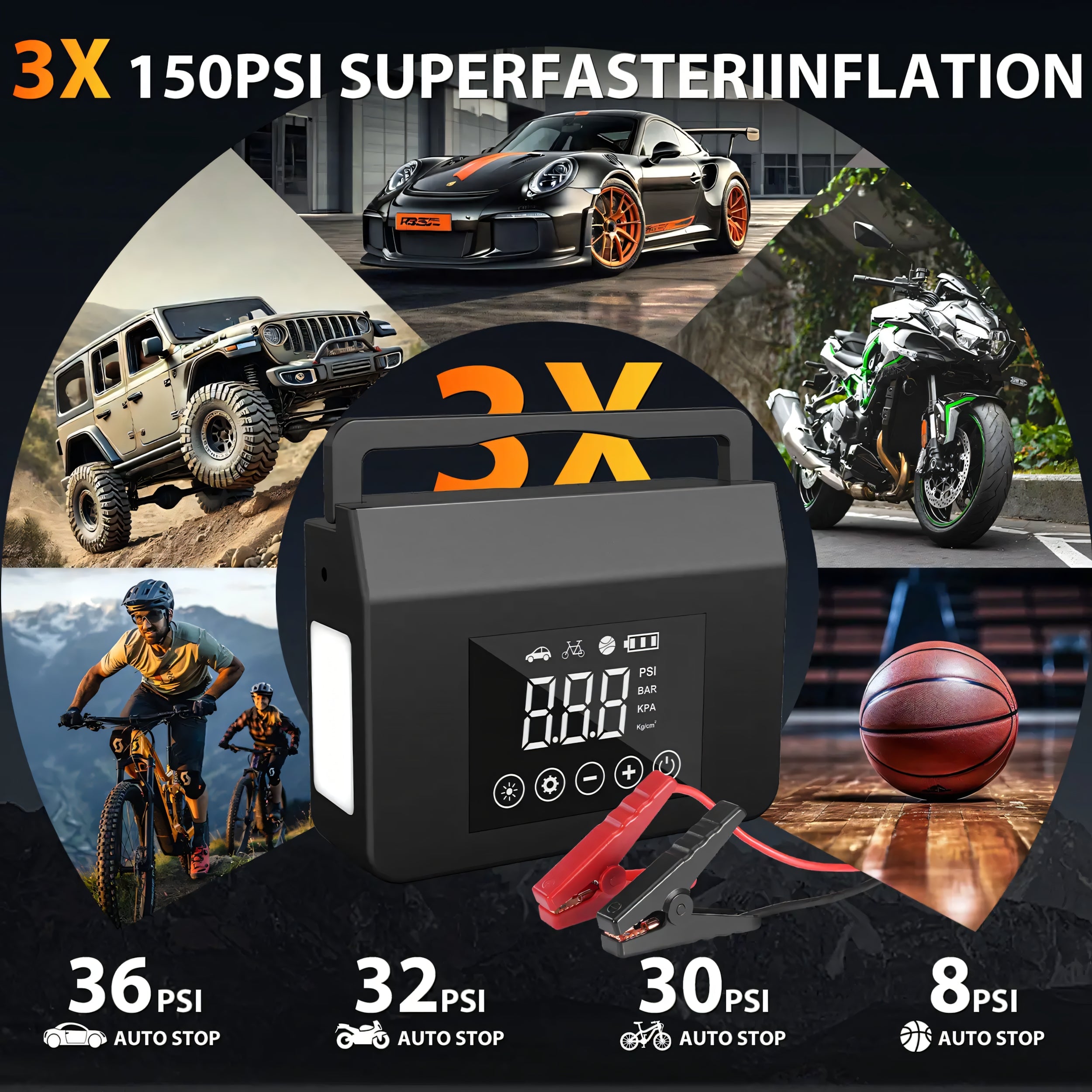 Portable Car Jump Starter with Air Compressor 4000A 12V Battery Booster, 150PSI Tire Inflator, 15000mAh Power Bank, LED Flashlight
