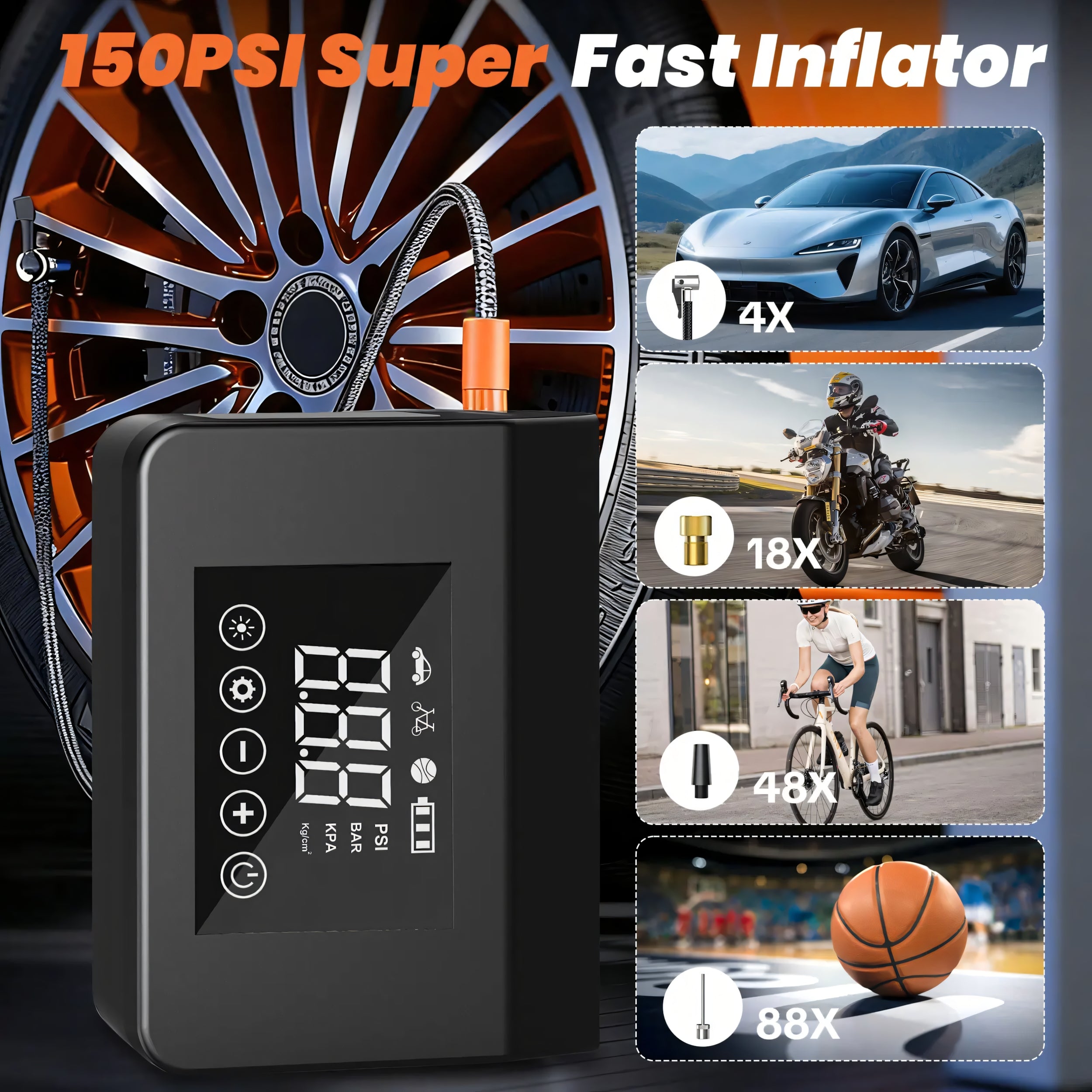 Portable Car Jump Starter with Air Compressor 4000A 12V Battery Booster, 150PSI Tire Inflator, 15000mAh Power Bank, LED Flashlight