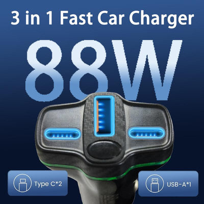 3-in-1 fast car charger with 88W capacity on a blue background