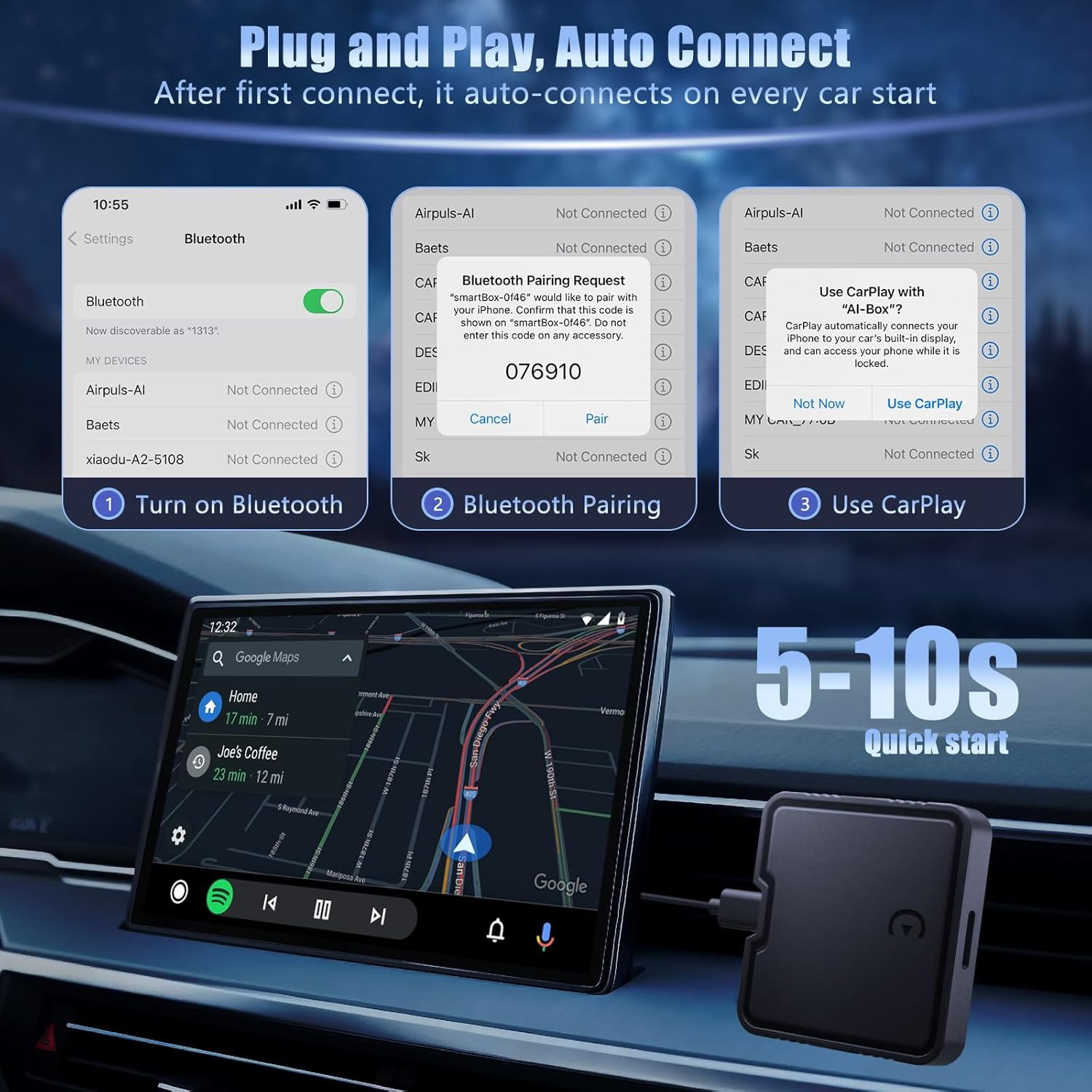 Wireless Carplay Adapter - 3 in 1 Wireless Carplay and Android Auto Adapter