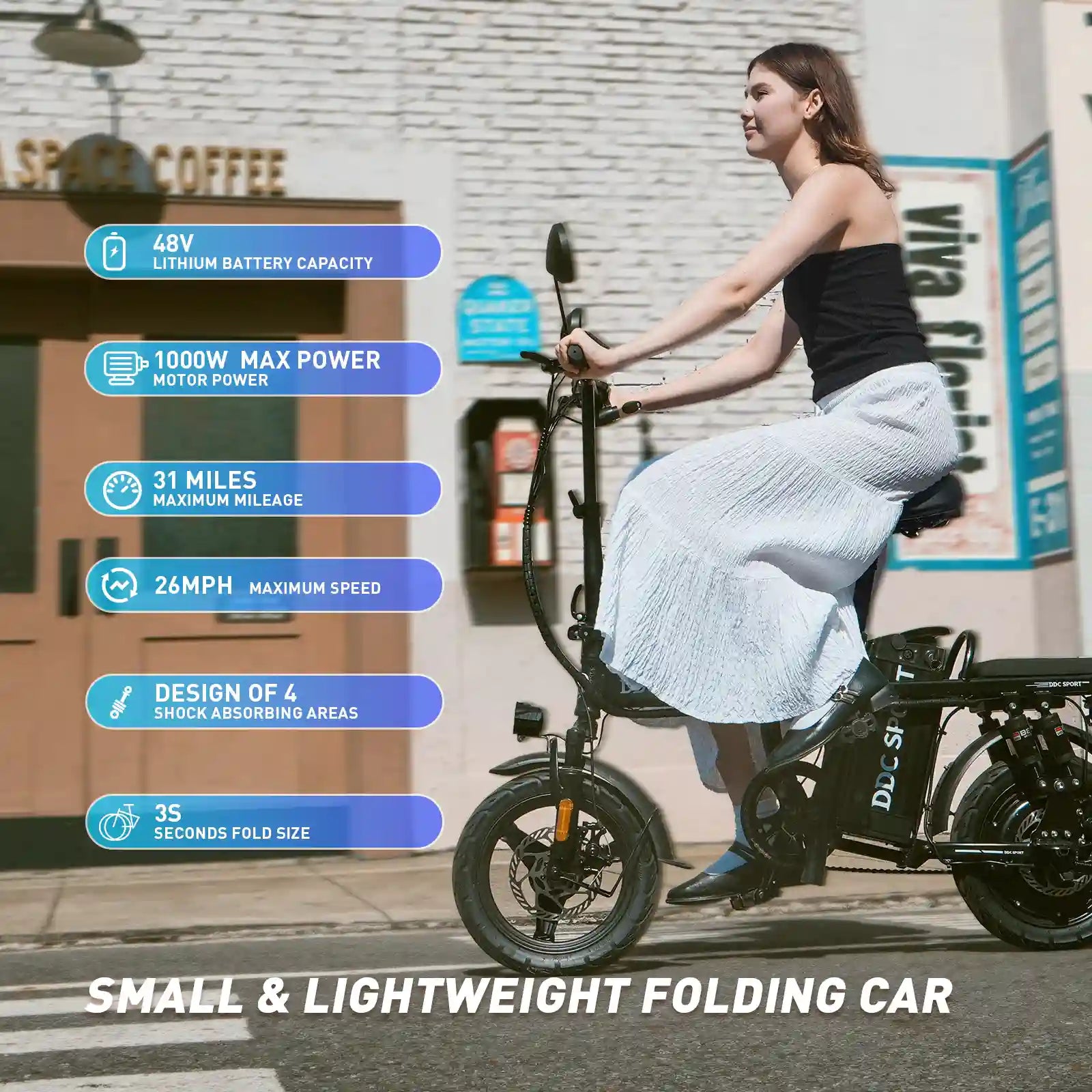DDC Z1 1000W Electric Bike- 48V/20Ah Folding Ebike with 10 Shock Absorptions for Adults