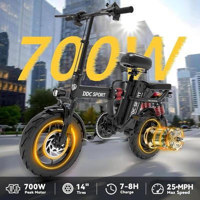 700W Folding Electric Bike – 25MPH Max Speed, 7-8H Fast Charge, 14” Tires