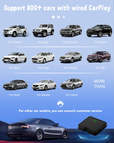 Advertisement for a CarPlay device with compatibility logos for various car brands