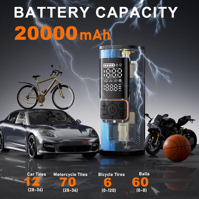 Battery pack with capacity display surrounded by vehicles and sports equipment on a dark background