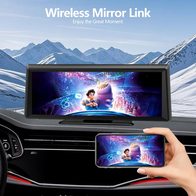 Car-mounted screen displaying a movie with a hand holding a smartphone showing the same content, set against a mountainous landscape.