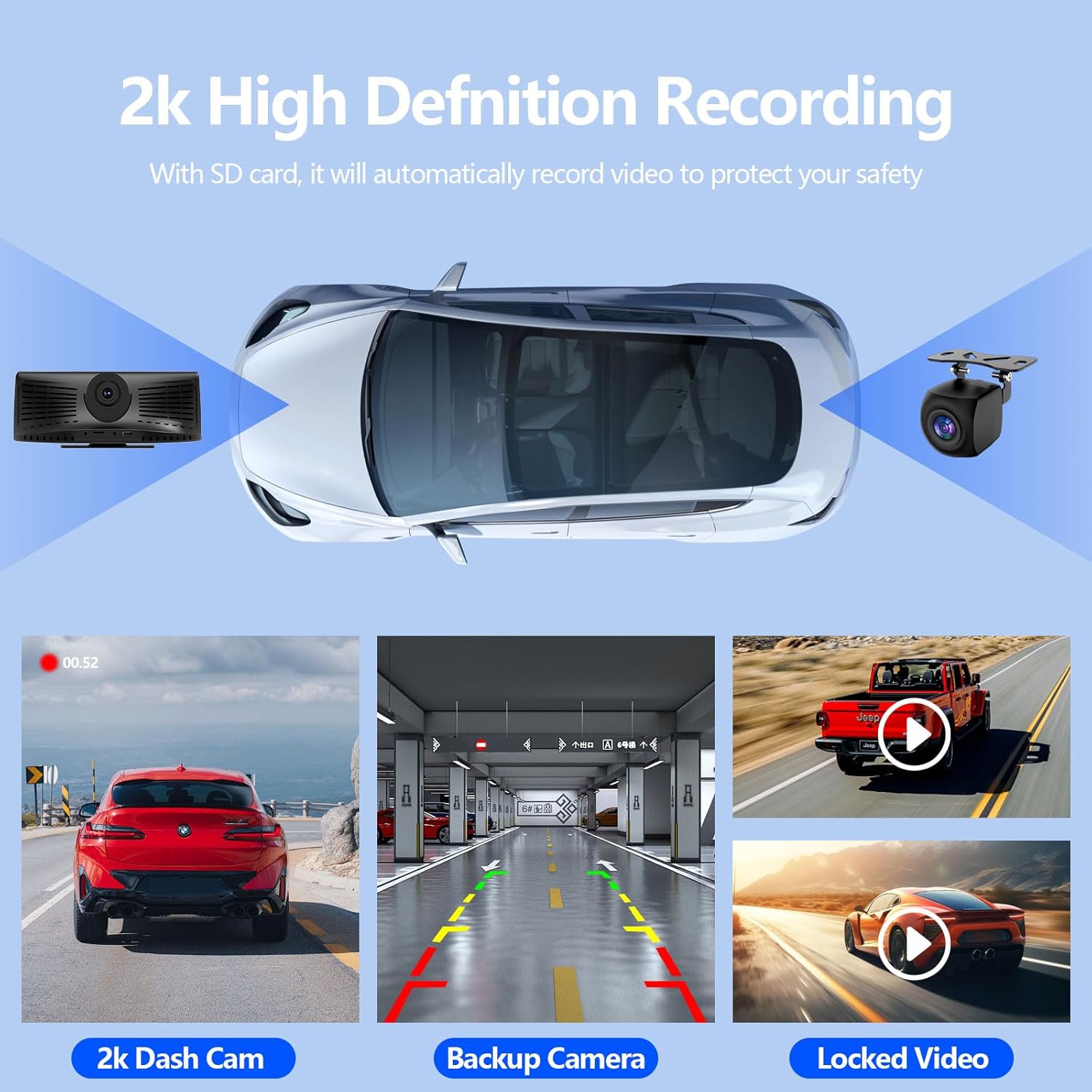 Car camera system with 2k high definition recording features on a blue background.