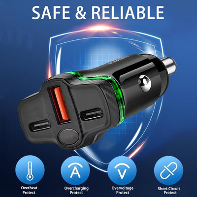 Car charger with safety features on a blue background