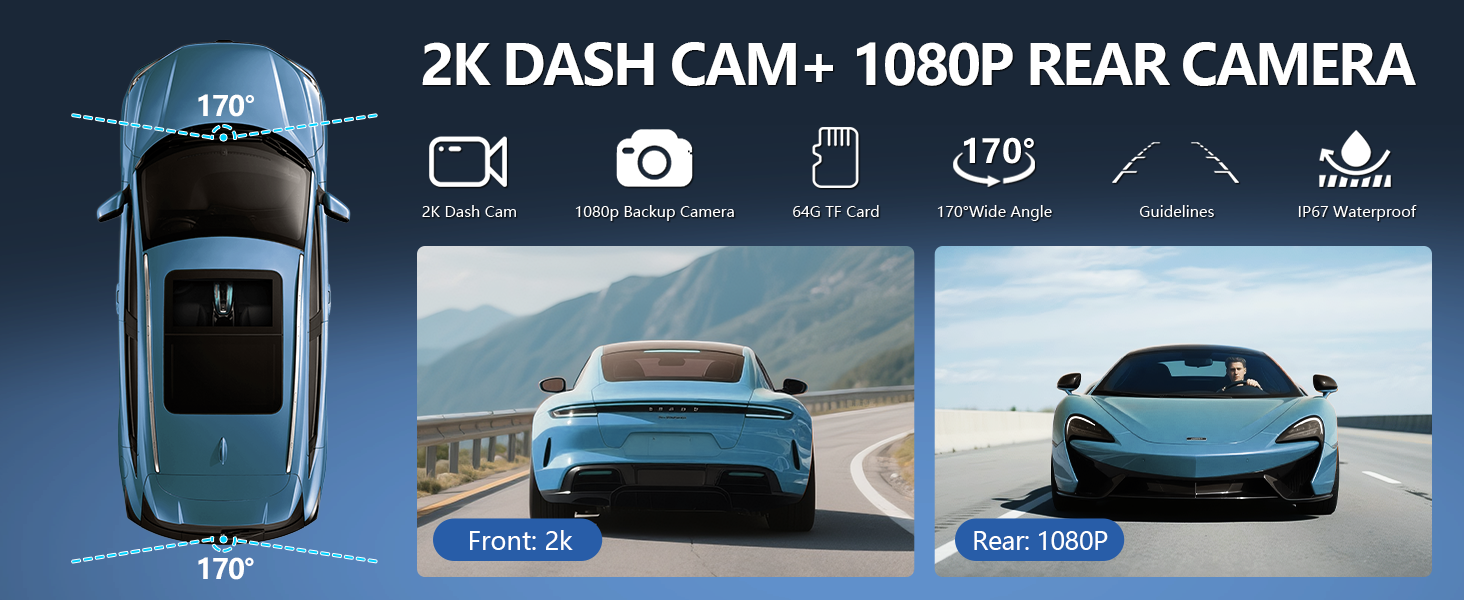 Car dash cam with 2K front camera and 1080P rear camera feature