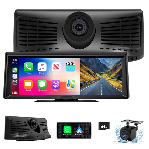 Car dashboard camera system with monitor, app icons displayed, and additional cameras on a white background.