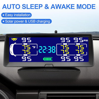 Car dashboard display with multiple readings and text about auto sleep & awake mode, solar power, and USB charging.