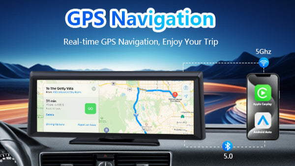 Car dashboard with GPS navigation system and smartphone displaying navigation app, with a scenic background.