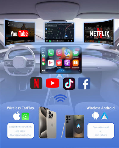 Car dashboard with multiple screens displaying apps like YouTube, Netflix, and social media icons, with smartphone illustrations