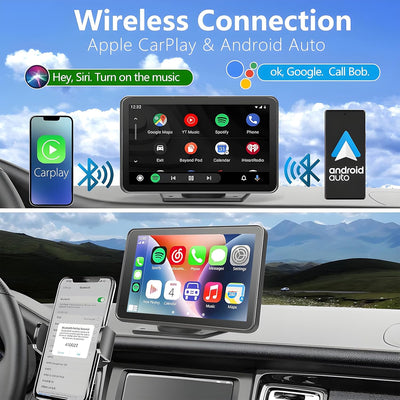 Car dashboard with wireless connection interface for Apple CarPlay and Android Auto, featuring smartphone and tablet displays.