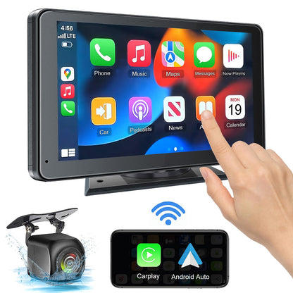 Car infotainment system with touchscreen display, rear camera, and wireless connectivity icons.