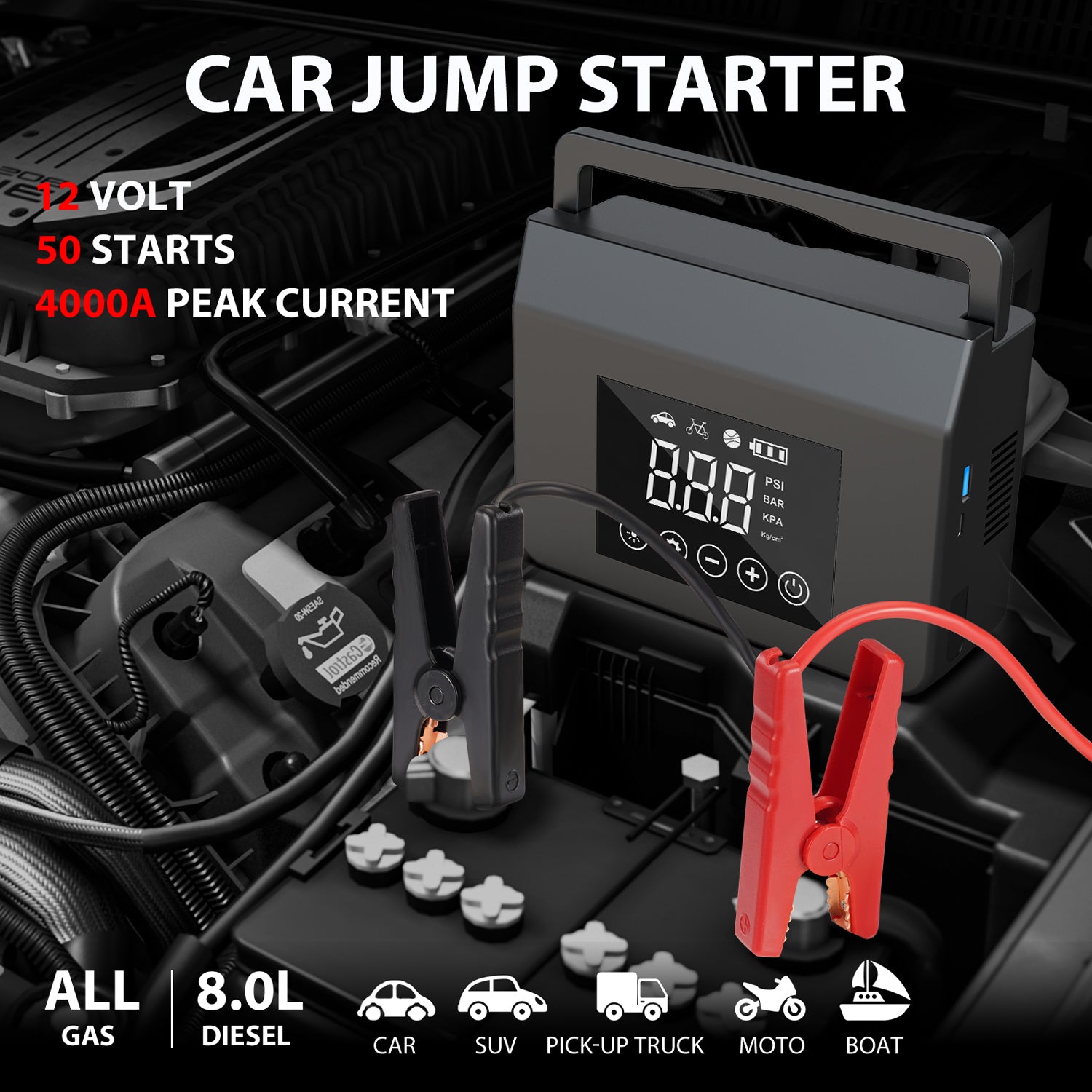 Car jump starter with digital display and clamps on a car battery, showing specifications.