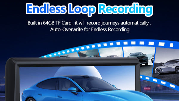 Car monitor with blue car on screen, featuring text about endless loop recording.