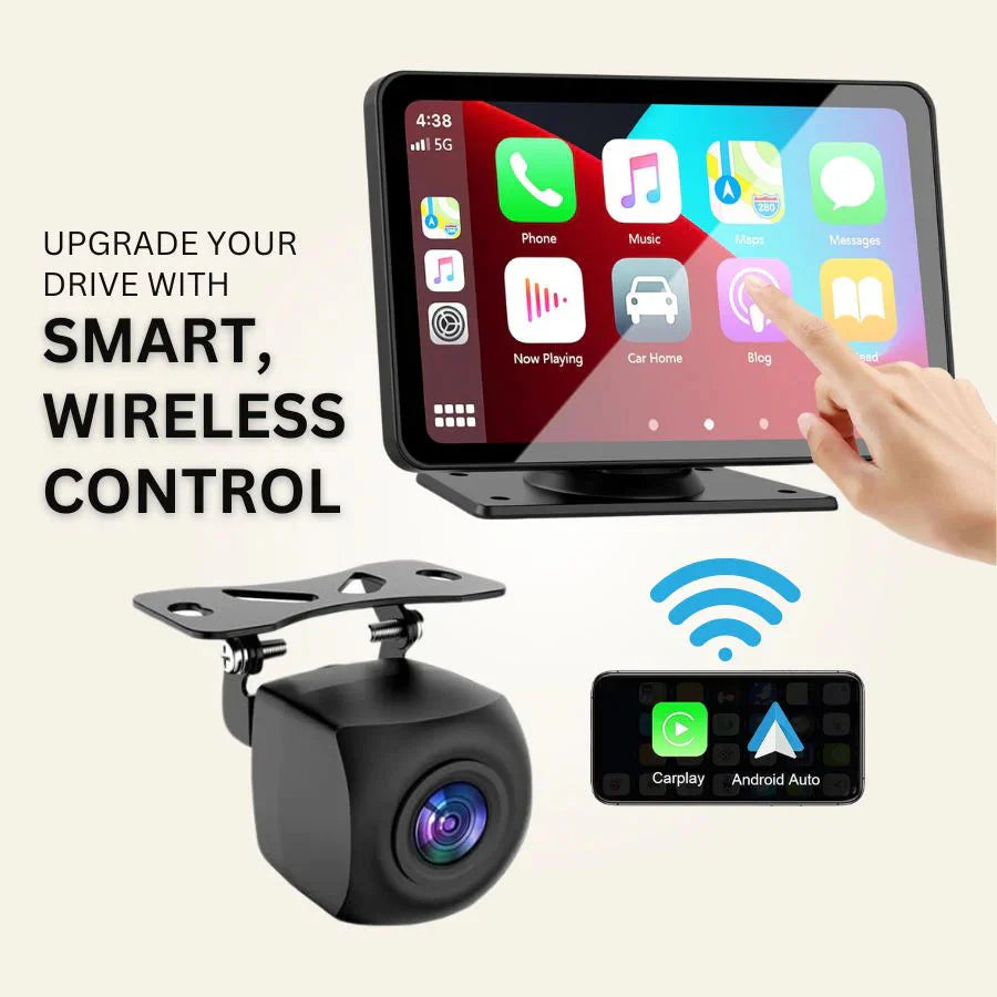 Car monitor with touchscreen interface, rearview camera, and text 'Upgrade your drive with smart, wireless control'.