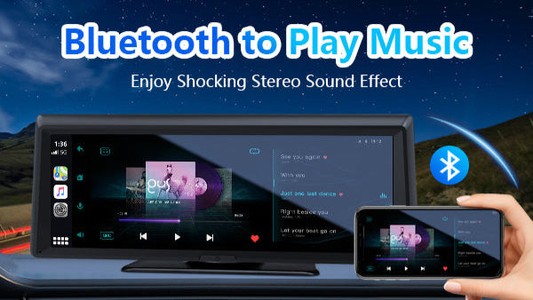 Car stereo system and smartphone displaying music app with Bluetooth connectivity on a blue background.