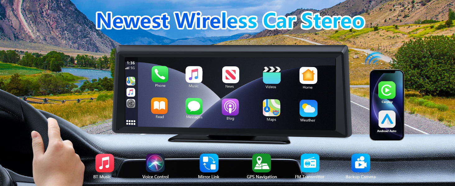 Car stereo system with app icons displayed on a screen, set against a scenic road background.
