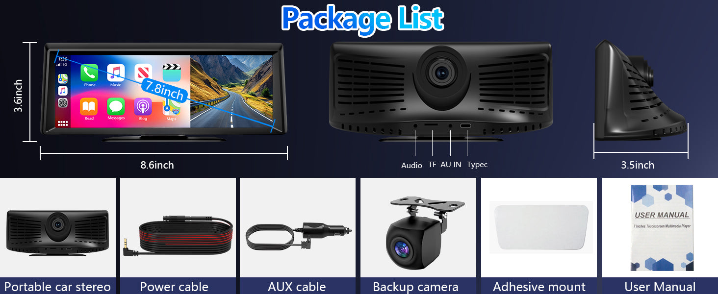 Package list of car accessories including a monitor, camera, and cables on a blue background.